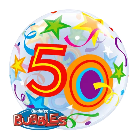Transparenter Bubbles Ballon mit Zahl 50, Sternen und Konfetti