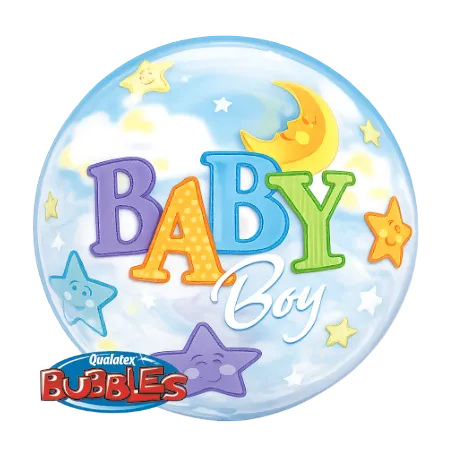 Transparenter Bubbles Ballon mit Baby-Boy-Schriftzug, Mond und Sternen