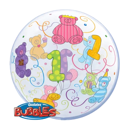 Transparenter Bubbles Ballon mit Bärchen, Zahl 1 und Luftschlangen