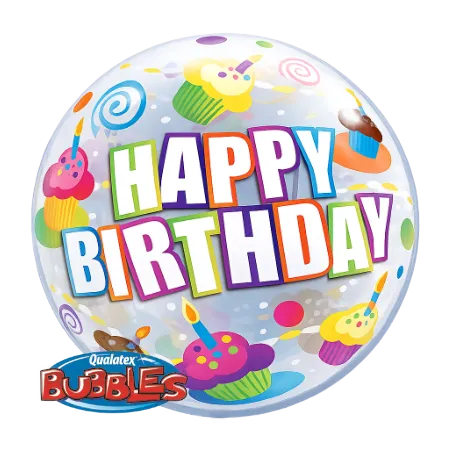 Transparenter Bubbles Ballon mit Happy-Birthday-Schriftzug und bunten Cupcakes