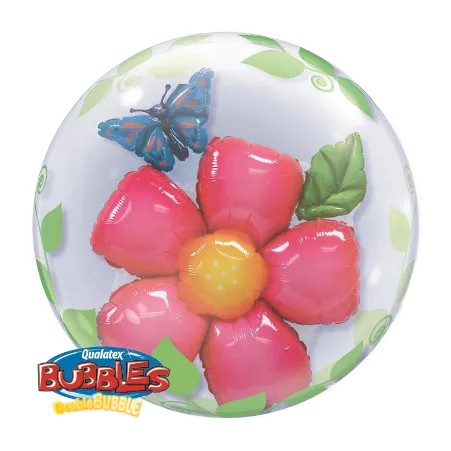 Transparenter Double Bubbles Ballon mit Blume, grünen Blättern und blauem Schmetterling