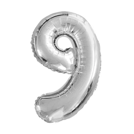 Silberner Folienballon in Form der Zahl 9