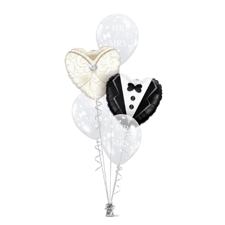 _Ballonstrauß mit Brautkleid-, Anzug- und Mr-&-Mrs-Motiven