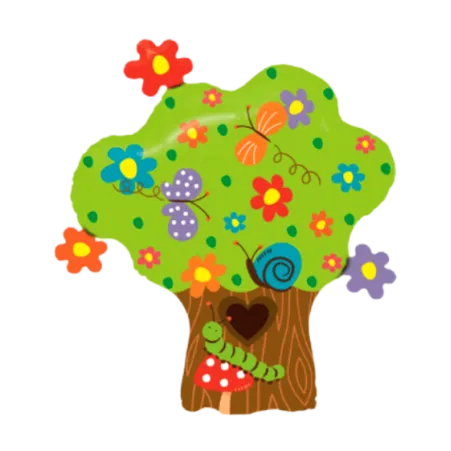 Großer Folienballon Märchenbaum mit Blumen und Schmetterlingen