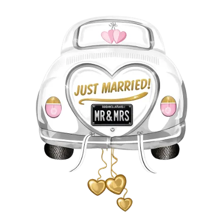 Folienballon Just-Married-Auto mit Herzen und Schriftzug