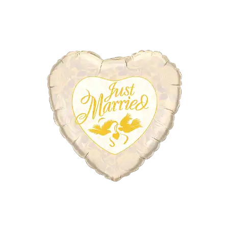 Cremefarbener Herz-Folienballon mit Just-Married-Schriftzug, Turteltauben und Rosen