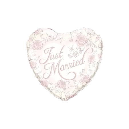 Herz-Folienballon mit Just-Married-Schriftzug und rosa Rosen