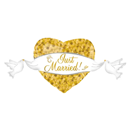 Großer Herz-Folienballon mit Just-Married-Schriftzug und Turteltauben