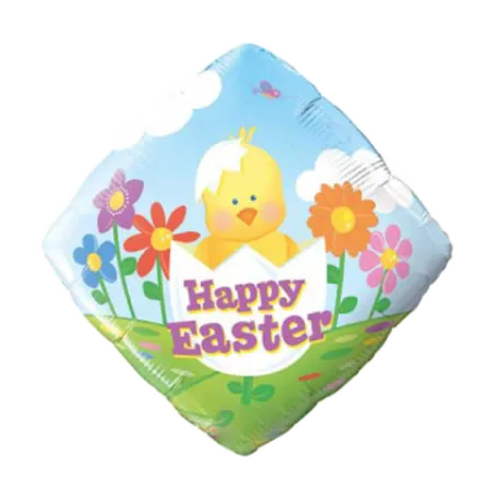 Bunter Rauten-Folienballon mit Happy-Easter-Schriftzug, Küken, Ei und Blumen