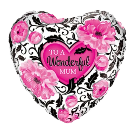 Herz-Folienballon mit To-a-Wonderful-Mum-Schriftzug, pinken Blumen und Herzen