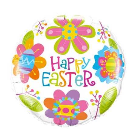 Runder Folienballon mit Happy-Easter-Schriftzug, bunten Ostereiern und Blumen
