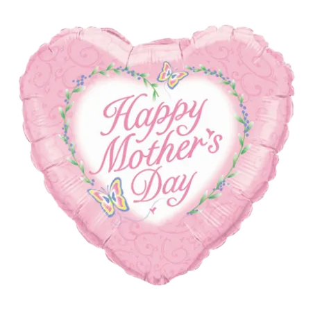 Rosa-weißer Herz-Folienballon mit Happy-Mother’s-Day-Schriftzug und Schmetterlingen