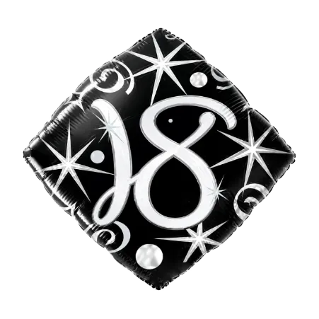 Rautenförmiger Folienballon mit Zahl 18 in Schwarz, Silber und Weiß