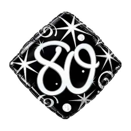 Rautenförmiger Folienballon mit Zahl 80 in Schwarz, Silber und Weiß