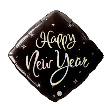 Rautenförmiger Folienballon mit Happy-New-Year-Schriftzug in Schwarz, Silber und Weiß