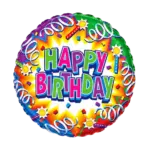 Folienballon Rund – Happy Birthday mit Luftschlangen & Konfetti