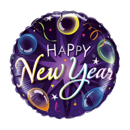 Runder Folienballon mit Happy-New-Year-Schriftzug und bunten Ballons
