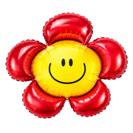 Großer Folienballon als rote Blume mit gelbem Smiley-Gesicht