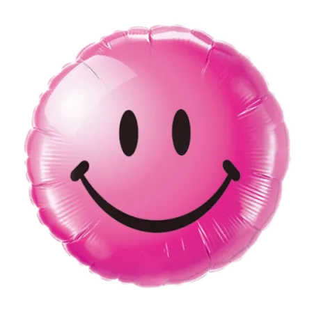 Pinker runder Folienballon mit schwarzem Smiley-Gesicht
