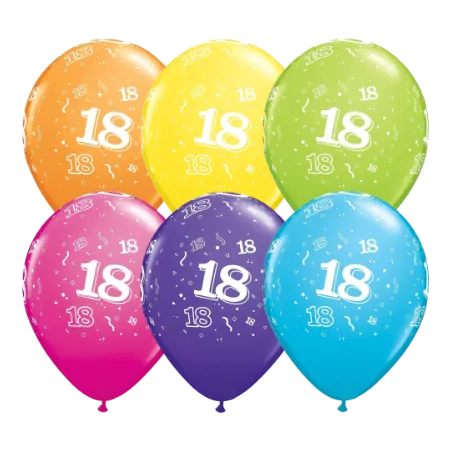 Bunte Latexballons mit Zahl 18 im 6er-Set