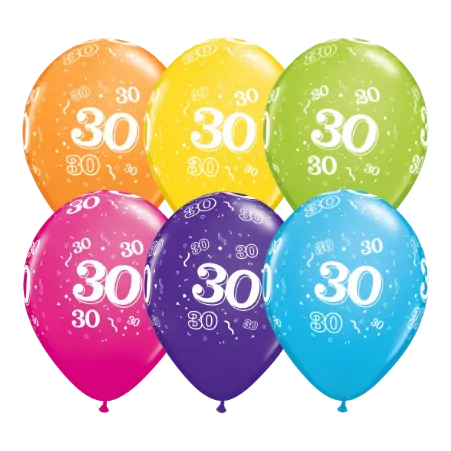 Bunte Latexballons mit Zahl 30 im 6er-Set