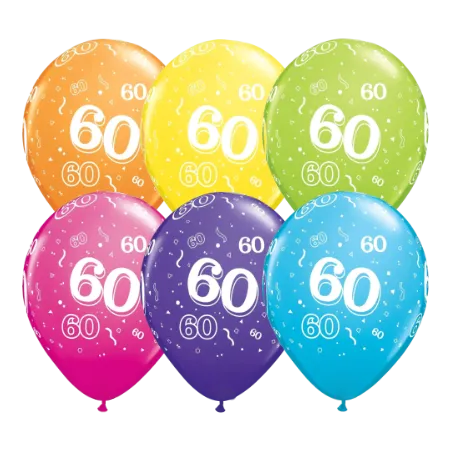 Bunte Latexballons mit Zahl 60 im 6er-Set